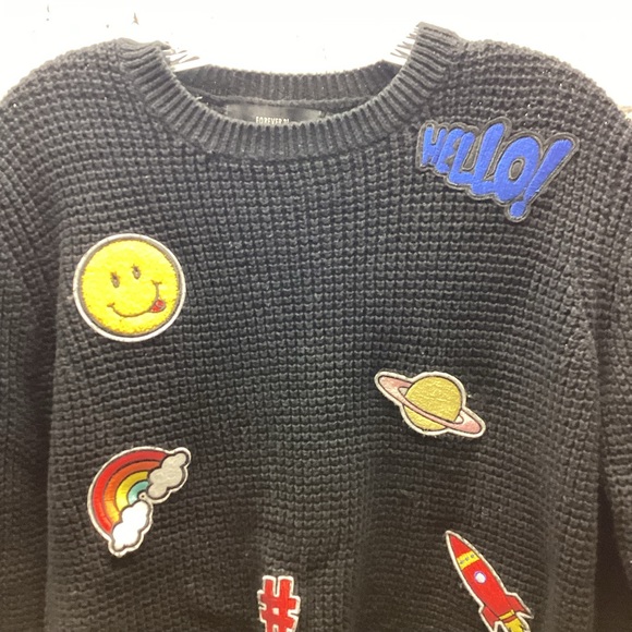 Forever 21 Black Knit Sweater Size Small Rainbow Hamburger Fries Moon Patches - Picture 6 of 9